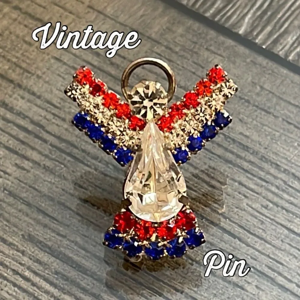 Vintage Ballou Red White Blue Rhinestone Angel Pin